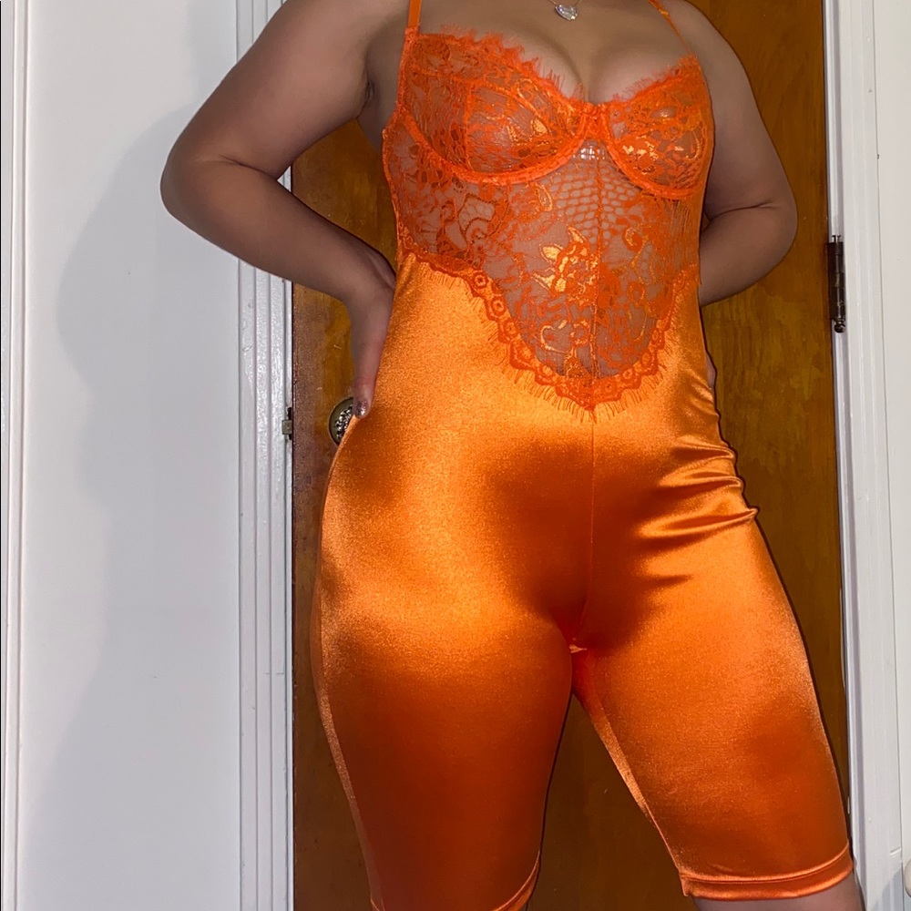 Neon orange biker short lace romper